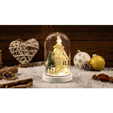 TRACON CHRHB10WW LED karácsonyi házikó burában,fa, elemes (X24016) Timer 6+18h, 10LED, 3000K, 2xAAA