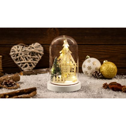   TRACON CHRHB10WW LED karácsonyi házikó burában,fa, elemes (X24016) Timer 6+18h, 10LED, 3000K, 2xAAA