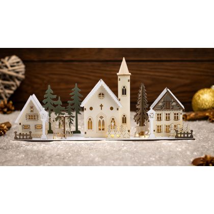   TRACON CHRVILC10WW LED karácsonyi falu, fa, elemes (X24004) Timer 6+18h, 10LED, 3000K, 2xAA