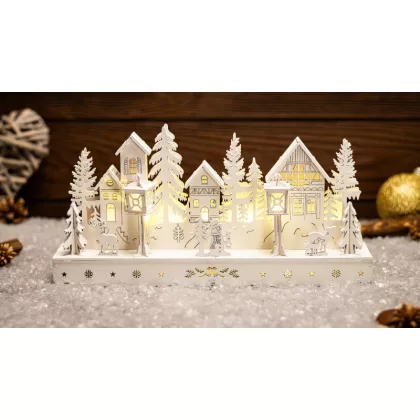   TRACON CHRVILW10WW LED karácsonyi falu, fa, fehér, elemes (X24005) Timer 6+18h, 10LED, 3000K, 2xAA