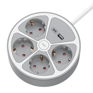 TRACON E4KUSB Hordozható elosztósáv kapcsolóval és 2xUSB porttal, fehér 4xSCHUKO, 1,5m, ma