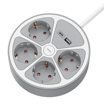   TRACON E4KUSB Hordozható elosztósáv kapcsolóval és 2xUSB porttal, fehér 4xSCHUKO, 1,5m, max.16A, 250VAC, 3680W, 3x1,5mm2, H05VV-F