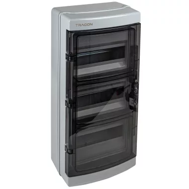 TRACON EDFKIP65N123 Falon kívüli elosztódoboz, átlátszó ajtóval, N/PE sínnel 3×12 mod, H×W×D=595,3×299,75×147mm, IP65,1000 VAC, 1500 VDC