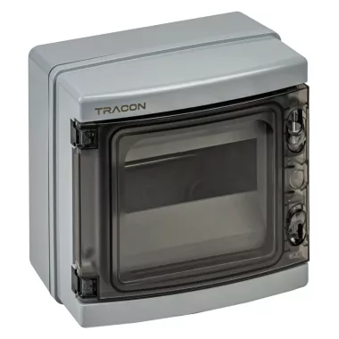 TRACON EDFKIP65N81 Falon kívüli elosztódoboz, átlátszó ajtóval, N/PE sínnel 1×8 mod, H×W×D=209×215×98mm, IP65, 1000 VAC, 1500 VDC