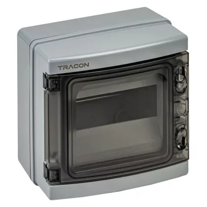   TRACON EDFKIP65N81 Falon kívüli elosztódoboz, átlátszó ajtóval, N/PE sínnel 1×8 mod, H×W×D=209×215×98mm, IP65, 1000 VAC, 1500 VDC