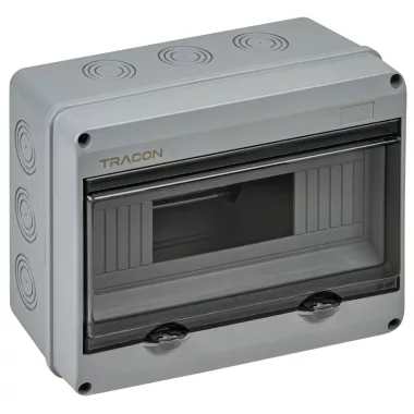 TRACON EDFKIP65U121 Falon kívüli elosztódoboz, átlátszó ajtóval, N/PE sínnel 1×12 mod, H×W×D=197.5×255×106mm, IP65, 1000 VAC, 1500 VDC