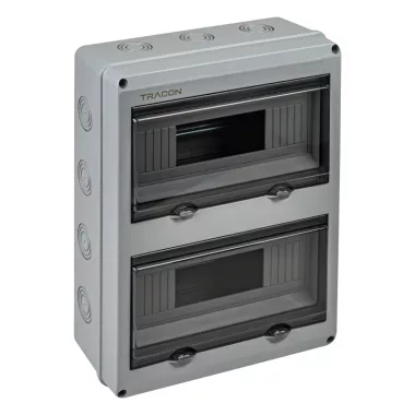 TRACON EDFKIP65U122 Falon kívüli elosztódoboz, átlátszó ajtóval, N/PE sínnel 2×12 mod, H×W×D=356.16×275.51×106.2mm, IP65,1000VAC,1500 VDC