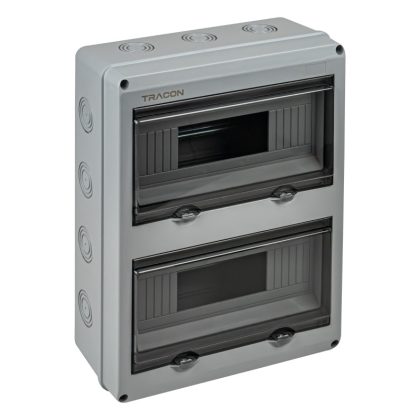   TRACON EDFKIP65U122 Falon kívüli elosztódoboz, átlátszó ajtóval, N/PE sínnel 2×12 mod, H×W×D=356.16×275.51×106.2mm, IP65,1000VAC,1500 VDC