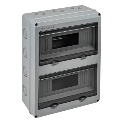   TRACON EDFKIP65U122 Falon kívüli elosztódoboz, átlátszó ajtóval, N/PE sínnel 2×12 mod, H×W×D=356.16×275.51×106.2mm, IP65,1000VAC,1500 VDC