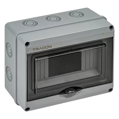 TRACON EDFKIP65U81 Falon kívüli elosztódoboz, átlátszó ajtóval, N/PE sínnel 1×8 mod, H×W×D=154.5×200.5×88.9mm, IP65, 1000 VAC, 1500 VDC