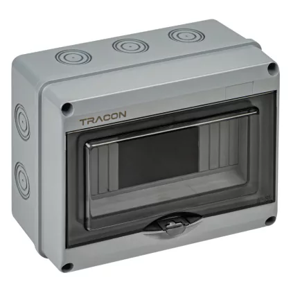   TRACON EDFKIP65U81 Falon kívüli elosztódoboz, átlátszó ajtóval, N/PE sínnel 1×8 mod, H×W×D=154.5×200.5×88.9mm, IP65, 1000 VAC, 1500 VDC