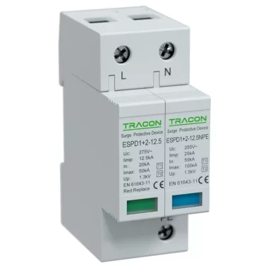 TRACON ESPD1+2-12.5-1+1P T1+T2 AC típusú túlfeszültséglevezető, cserélhető betéttel Uc:275V; Iimp:12,5kA; In:20/40kA; Imax:50kA; Up:1,3kV; 1+1P