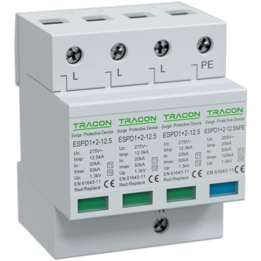 TRACON ESPD1+2-12.5-3+1P T1+T2 AC típusú túlfeszültséglevezető, cserélhető betéttel Uc:275