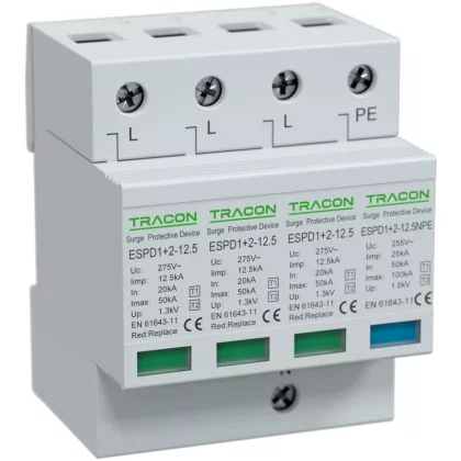   TRACON ESPD1+2-12.5-3+1P T1+T2 AC típusú túlfeszültséglevezető, cserélhető betéttel Uc:275V; Iimp:12,5kA; In:20/40kA; Imax:50kA; Up:1,3kV; 3+1P