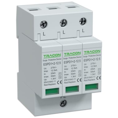 TRACON ESPD1+2-12.5-3P T1+T2 AC típusú túlfeszültséglevezető, cserélhető betéttel Uc:275V;