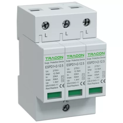 TRACON ESPD1+2-12.5-3P T1+T2 AC típusú túlfeszültséglevezető, cserélhető betéttel Uc:275V;