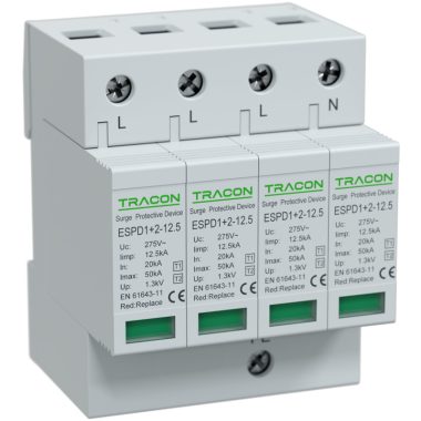 TRACON ESPD1+2-12.5-4P T1+T2 AC típusú túlfeszültséglevezető, cserélhető betéttel Uc:275V;