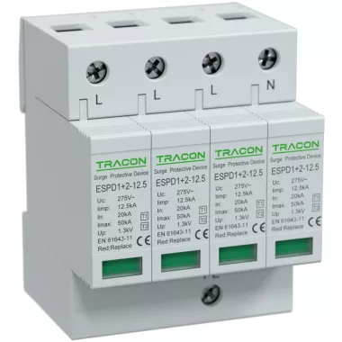 TRACON ESPD1+2-12.5-4P T1+T2 AC típusú túlfeszültséglevezető, cserélhető betéttel Uc:275V; Iimp:12,5kA; In:20kA; Imax:50kA; Up:1,3kV; 4P