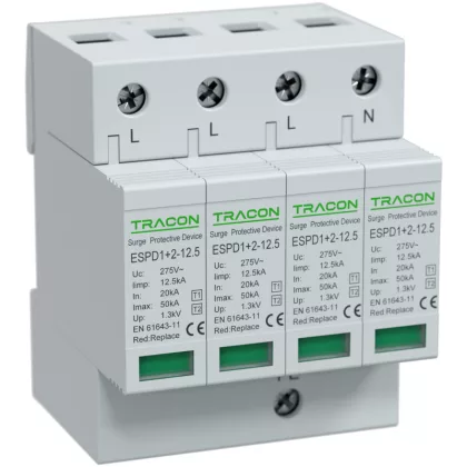 TRACON ESPD1+2-12.5-4P T1+T2 AC típusú túlfeszültséglevezető, cserélhető betéttel Uc:275V;