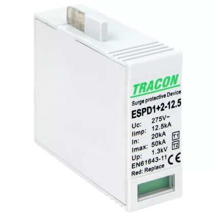   TRACON ESPD1+2-12.5M T1+T2 AC típusú túlfeszültséglevezető betét 12.5 M Uc:275V; Iimp:12,5kA; In:20kA; Imax:50kA; Up:1,3kV