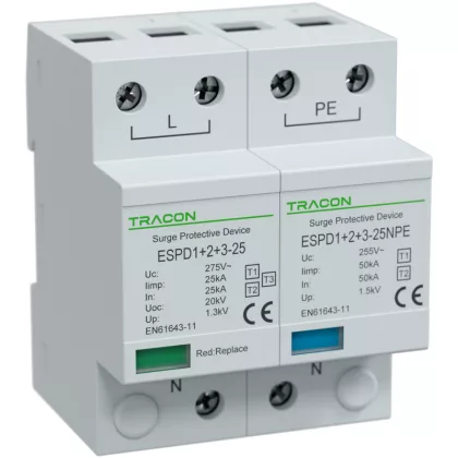  TRACON ESPD1+2+3-25-1+1P T1+T2+T3 AC típusú túlfeszültség levezető, egybeépített Uc:275V; Iimp:25/100kA; In:25/100kA; Uoc:20kV; Up:1,3kV; 1+1
