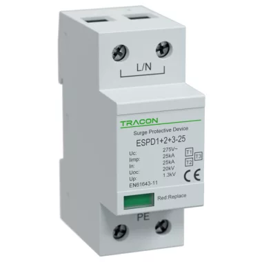 TRACON ESPD1+2+3-25-1P T1+T2+T3 AC típusú túlfeszültség levezető, egybeépített Uc:275V; Iimp:25kA; In:25kA; Uoc:20kV; Up:1,3kV; 1P