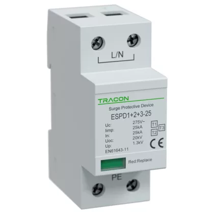   TRACON ESPD1+2+3-25-1P T1+T2+T3 AC típusú túlfeszültség levezető, egybeépített Uc:275V; Iimp:25kA; In:25kA; Uoc:20kV; Up:1,3kV; 1P