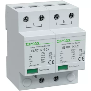 TRACON ESPD1+2+3-25-2P T1+T2+T3 AC típusú túlfeszültség levezető, egybeépített Uc:275V; Iimp:25kA; In:25kA; Uoc:20kV; Up:1,3kV; 2P