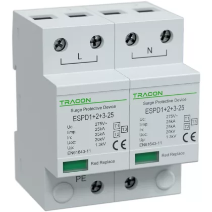 TRACON ESPD1+2+3-25-2P T1+T2+T3 AC típusú túlfeszültség levezető, egybeépített Uc:275V; Ii