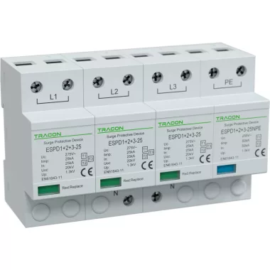 TRACON ESPD1+2+3-25-3+1P T1+T2+T3 AC típusú túlfeszültség levezető, egybeépített Uc:275V; Iimp:25/100kA; In:25/100kA; Uoc:20kV; Up:1,3kV; 1+3