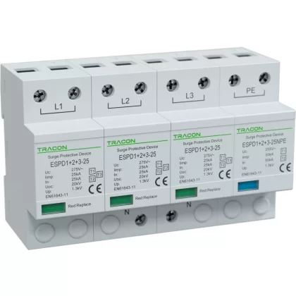   TRACON ESPD1+2+3-25-3+1P T1+T2+T3 AC típusú túlfeszültség levezető, egybeépített Uc:275V; Iimp:25/100kA; In:25/100kA; Uoc:20kV; Up:1,3kV; 1+3