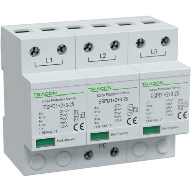 TRACON ESPD1+2+3-25-3P T1+T2+T3 AC típusú túlfeszültség levezető, egybeépített Uc:275V; Ii