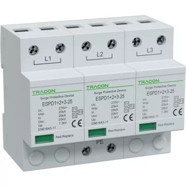 TRACON ESPD1+2+3-25-3P T1+T2+T3 AC típusú túlfeszültség levezető, egybeépített Uc:275V; Iimp:25kA; In:25kA; Uoc:20kV; Up:1,3kV; 3P