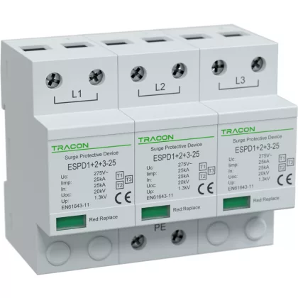   TRACON ESPD1+2+3-25-3P T1+T2+T3 AC típusú túlfeszültség levezető, egybeépített Uc:275V; Iimp:25kA; In:25kA; Uoc:20kV; Up:1,3kV; 3P