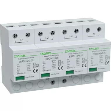 TRACON ESPD1+2+3-25-4P T1+T2+T3 AC típusú túlfeszültség levezető, egybeépített Uc:275V; Iimp:25kA; In:25kA; Uoc:20kV; Up:1,3kV; 4P