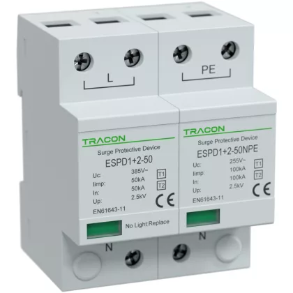  TRACON ESPD1+2-50-1+1P T1+T2 AC típusú túlfeszültséglevezető, egybeépített Uc:385V; Iimp:50/100kA; In:50/100kA; Up:2,5kV; 1+1P