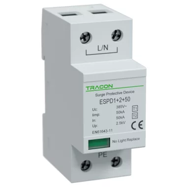 TRACON ESPD1+2-50-1P T1+T2 AC típusú túlfeszültséglevezető, egybeépített Uc:385V; Iimp:50kA; In:50kA; Imax:160kA; Up:2,5kV; 1P