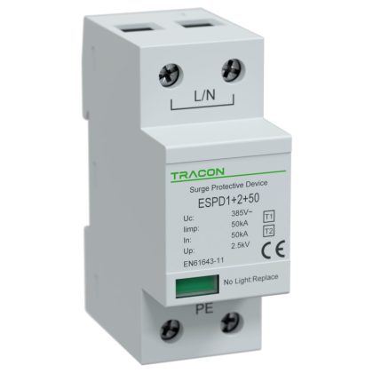   TRACON ESPD1+2-50-1P T1+T2 AC típusú túlfeszültséglevezető, egybeépített Uc:385V; Iimp:50kA; In:50kA; Imax:160kA; Up:2,5kV; 1P