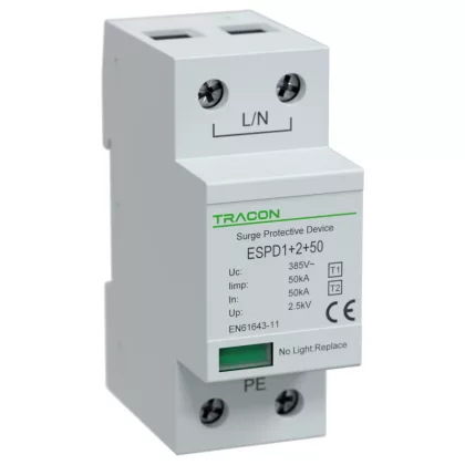   TRACON ESPD1+2-50-1P T1+T2 AC típusú túlfeszültséglevezető, egybeépített Uc:385V; Iimp:50kA; In:50kA; Imax:160kA; Up:2,5kV; 1P