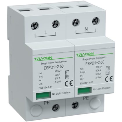   TRACON ESPD1+2-50-2P T1+T2 AC típusú túlfeszültséglevezető, egybeépített Uc:385V; Iimp:50kA; In:50kA; Imax:160kA; Up:2,5kV; 2P