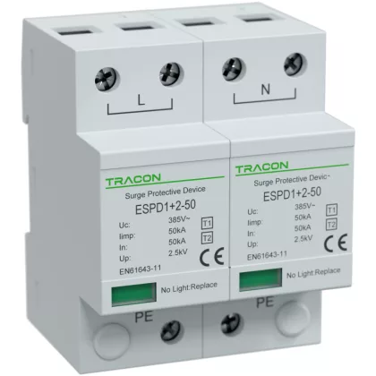   TRACON ESPD1+2-50-2P T1+T2 AC típusú túlfeszültséglevezető, egybeépített Uc:385V; Iimp:50kA; In:50kA; Imax:160kA; Up:2,5kV; 2P
