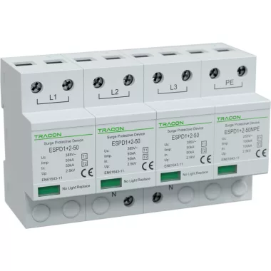 TRACON ESPD1+2-50-3+1P T1+T2 AC típusú túlfeszültséglevezető, egybeépített Uc:385V; Iimp:50/100kA; In:50/100kA; Up:2,5kV; 3+1P
