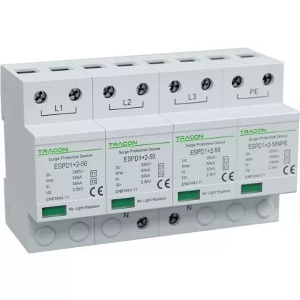   TRACON ESPD1+2-50-3+1P T1+T2 AC típusú túlfeszültséglevezető, egybeépített Uc:385V; Iimp:50/100kA; In:50/100kA; Up:2,5kV; 3+1P