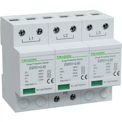 TRACON ESPD1+2-50-3P T1+T2 AC típusú túlfeszültséglevezető, egybeépített Uc:385V; Iimp:50k