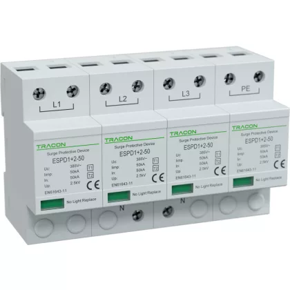   TRACON ESPD1+2-50-4P T1+T2 AC típusú túlfeszültséglevezető, egybeépített Uc:385V; Iimp:50kA; In:50kA; Imax:160kA; Up:2,5kV; 4P