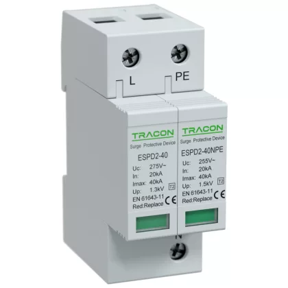   TRACON ESPD2-40-1+1P T2 AC típusú túlfeszültség levezető, cserélhető betéttel Uc:275/255V; In:20kA; Imax:40kA; Up:1,3/1,5kV; 1+1P