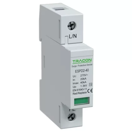   TRACON ESPD2-40-1P T2 AC típusú túlfeszültség levezető, cserélhető betéttel Uc:275V; In:20kA; Imax:40kA; Up:1,3kV; 1P