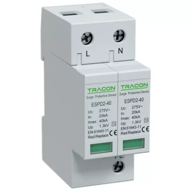 TRACON ESPD2-40-2P T2 AC típusú túlfeszültség levezető, cserélhető betéttel Uc:275V; In:20kA; Imax:40kA; Up:1,3kV; 2P