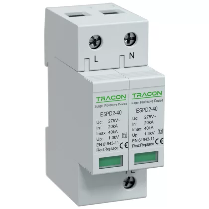   TRACON ESPD2-40-2P T2 AC típusú túlfeszültség levezető, cserélhető betéttel Uc:275V; In:20kA; Imax:40kA; Up:1,3kV; 2P