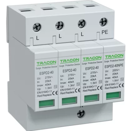   TRACON ESPD2-40-3+1P T2 AC típusú túlfeszültség levezető, cserélhető betéttel Uc:275/255V; In:20kA; Imax:40kA; Up:1,3/1,5kV; 3+1P